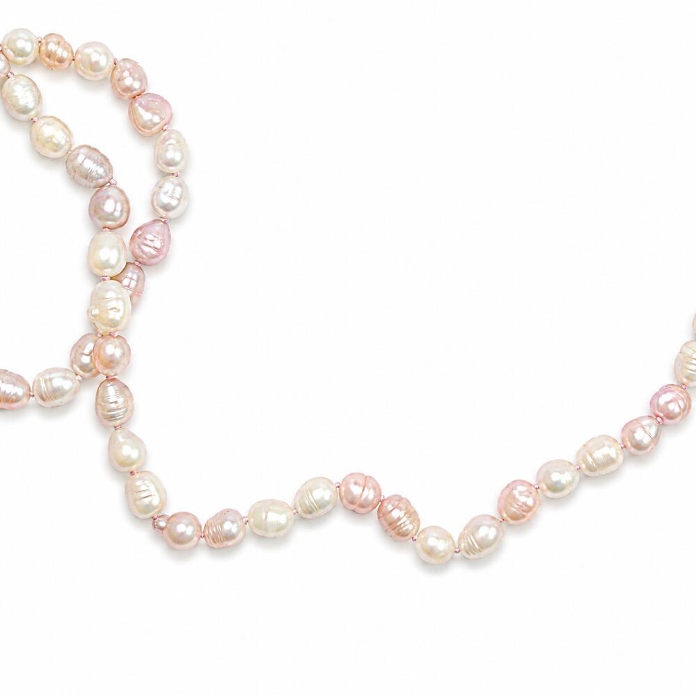 64" Cultured Baroque Pearl Necklace White & Pink 925 Silver Clasp - Picture 3 of 6